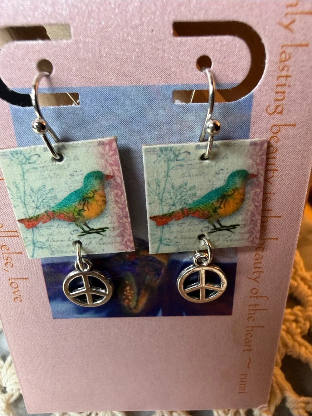 Hand-made Bird Tile artboard Earrings in Teal and Orange - Unbranded